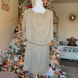 Jessica Simpson champagne Grecian style cocktail dress